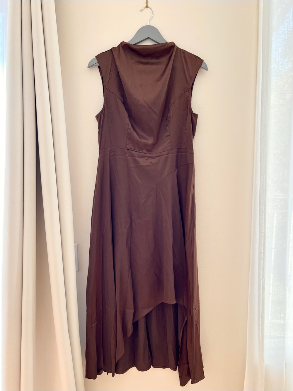 Brown Satin Stand Collar Asymmetrical Hem Midi Dress Cider